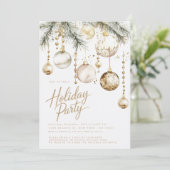 金ゴールドホワイト赤面オーナメントバウブルクリスマスパーティー 招待状 (スタンド正面)