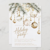 金ゴールドホワイト赤面オーナメントバウブルクリスマスパーティー 招待状 (正面/裏面)
