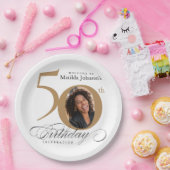 金ゴールドホワイト50誕生日書道カスタム写真 ペーパープレート (パーティー)