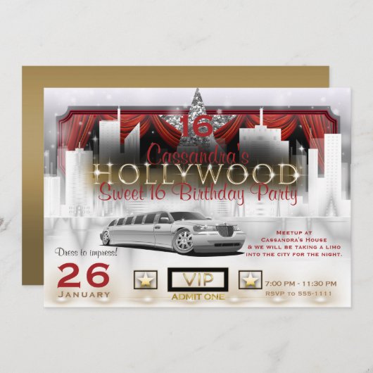 金ゴールドホワイト&レッドシティライトリモハリウッドパーティー 招待状 (正面/裏面)