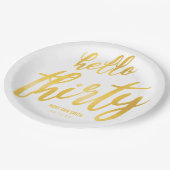 金ゴールドホワイト「Hello Thirty」誕生日（名前あり） ペーパープレート (アングル)