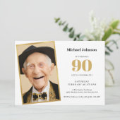 金ゴールドホワシンプルイト写真第90回バースデーパーティー 招待状 (スタンド正面)