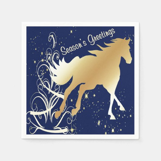 金ゴールドホースプリントオンダークブルー季節のごあいさつ スタンダードカクテルナプキン (正面)