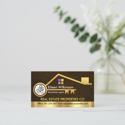 金ゴールドホームスタイリッシュ鍵ブラウングランジ 名刺 (スタンド正面)