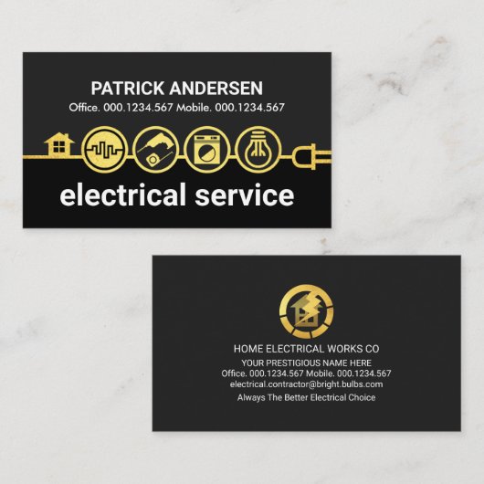 金ゴールドホーム電気アイコン電源ライン 名刺 (正面/裏面)
