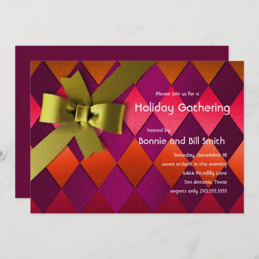 金ゴールドボウハーレクインダイアモンドホリデイ招待状 招待状 (正面/裏面)