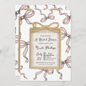 金ゴールドボウフレームピンクリボンボウブライダルシャワー 招待状 (正面/裏面)