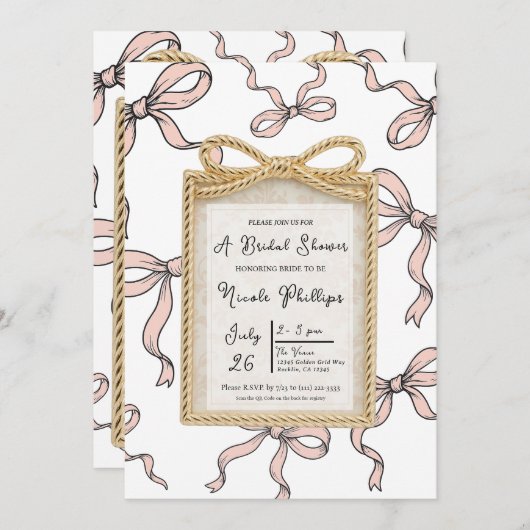 金ゴールドボウフレームピンクリボンボウブライダルシャワー 招待状 (正面/裏面)