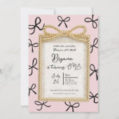 金ゴールドボウフレームリトルブラック弓ピンク1st誕生日 招待状 (正面)