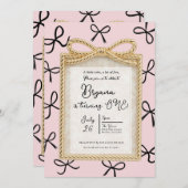 金ゴールドボウフレームリトルブラック弓ピンク1st誕生日 招待状 (正面/裏面)