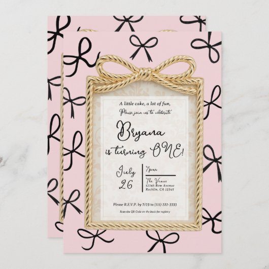 金ゴールドボウフレームリトルブラック弓ピンク1st誕生日 招待状 (正面/裏面)