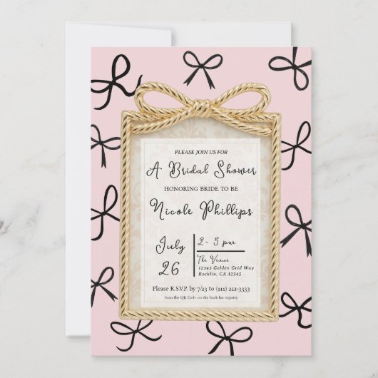 金ゴールドボウフレーム&リトルブラックボウズブライダルシャワー 招待状 (正面)