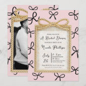 金ゴールドボウフレーム&リトルブラックボウズブライダルシャワー 招待状 (正面/裏面)