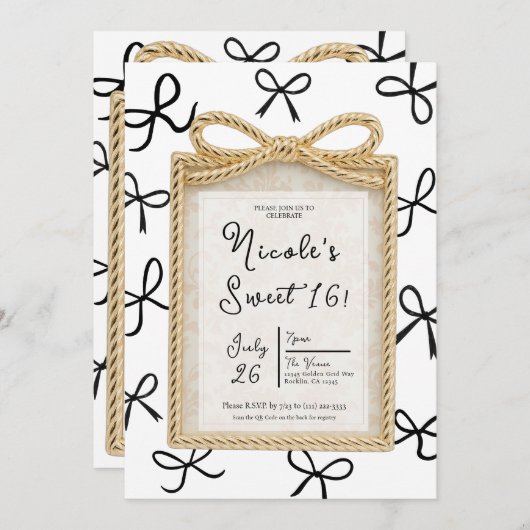 金ゴールドボウフレーム&リトルブラックボウズ甘い16写真 招待状 (正面/裏面)