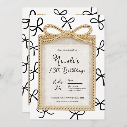 金ゴールドボウフレーム&リトルブラックボウズ誕生日 招待状 (正面/裏面)