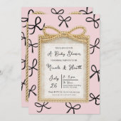 金ゴールドボウフレーム&リトルブラック弓ベビーシャワー 招待状 (正面/裏面)