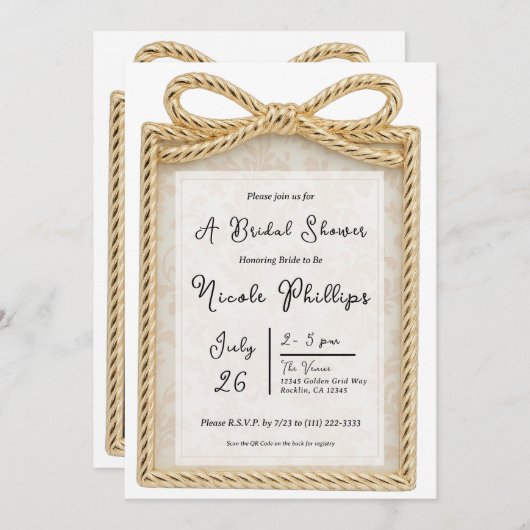 金ゴールドボウプレゼントギフトフォトフレームブライダルシャワー 招待状 (正面/裏面)