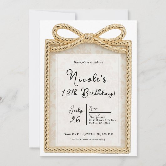 金ゴールドボウプレゼントギフトフォトフレーム誕生日パーティー 招待状 (正面)