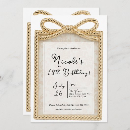金ゴールドボウプレゼントギフトフォトフレーム誕生日パーティー 招待状 (正面/裏面)