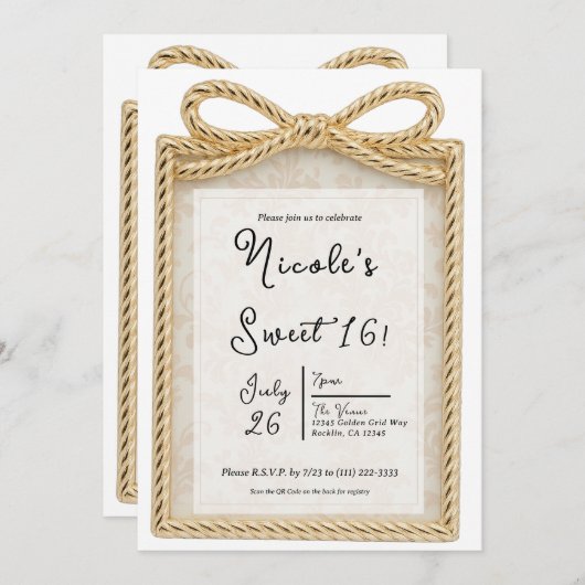金ゴールドボウプレゼントギフトボックス甘い16パーティー写真 招待状 (正面/裏面)