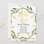 金ゴールドボタニカルグリーンリーフリースブライダルシャワー 招待状 (正面)