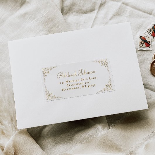 金ゴールドボタニカルフレームウェディングRSVP差出人住所 ラベル