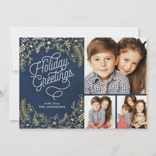 金ゴールドボタニカルホリデーグリーティング3フォト シーズンカード (正面)