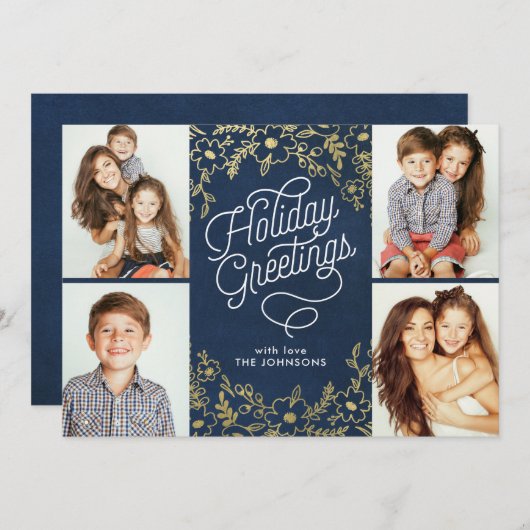 金ゴールドボタニカルホリデーグリーティング4枚写真 シーズンカード (正面/裏面)
