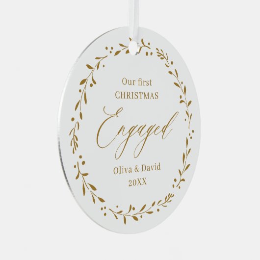金ゴールドボタニカル私たちの初めてのクリスマス 婚約した メタルオーナメント (正面右)