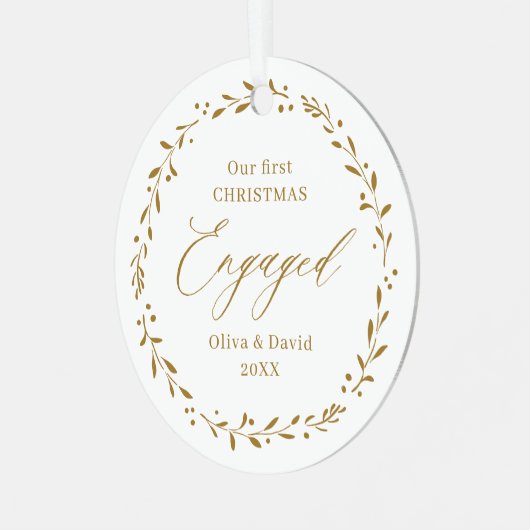 金ゴールドボタニカル私たちの初めてのクリスマス 婚約した メタルオーナメント (正面左)