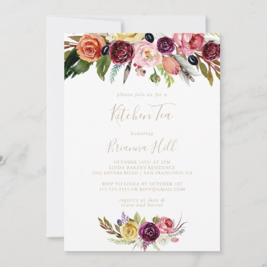 金ゴールドボーフローラキッチンティーブライダルシャワー 招待状 (正面)