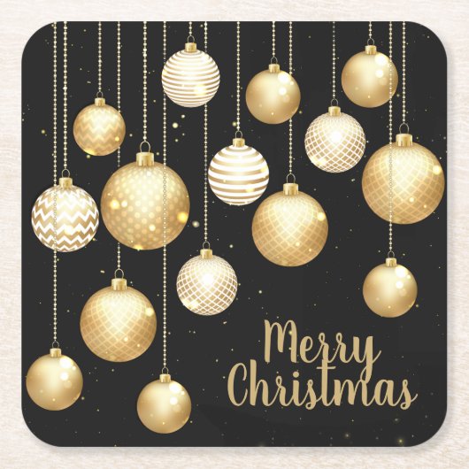 金ゴールドボーブルクリスマスオーナメントオンブラック スクエアペーパーコースター (正面)