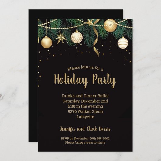 金ゴールドボーブルクリスマスツリーオーナメント招待状 (正面/裏面)