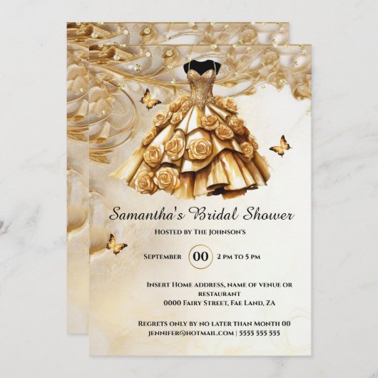 金ゴールドボールガウンバラ花の花嫁になるブライダル 招待状 (正面/裏面)