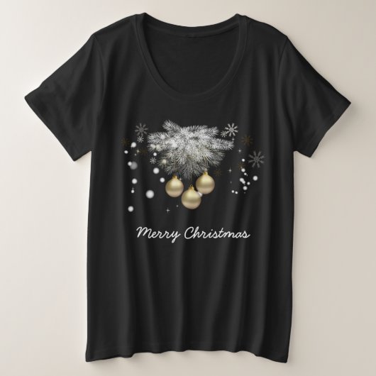 金ゴールドボールシルバーパインスノーフレークスホワイトクリスマス プラスサイズTシャツ (デザイン正面)