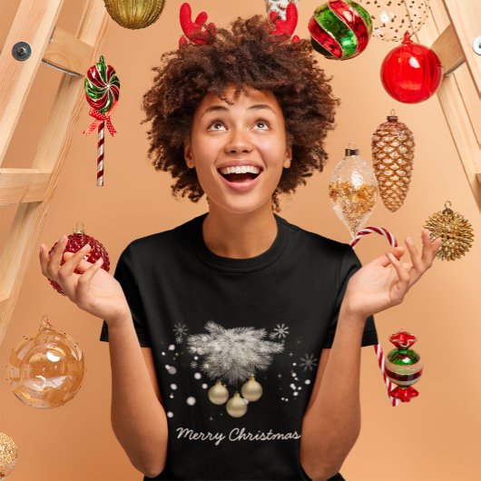 金ゴールドボールシルバーパインスノーフレークスホワイトクリスマス Tシャツ