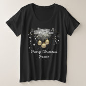 金ゴールドボール、シルバーパインと雪片クリスマス プラスサイズTシャツ (デザイン正面)