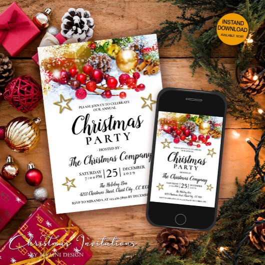 金ゴールドボー素朴ブルズホリーベリークリスマスパーティー 招待状