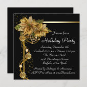 金ゴールドポインセチア黒金ゴールドクリスマスパーティー 招待状 (正面/裏面)