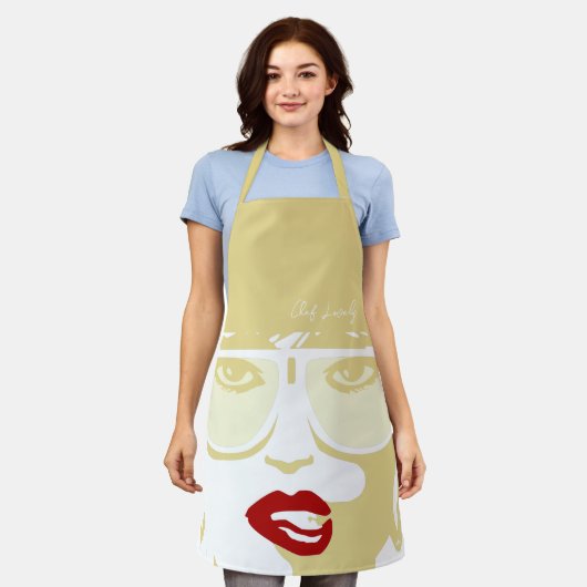 金ゴールドポップ・アートのアかわいらしートウーマンサングラスレッドリップ エプロン (着用した状態)
