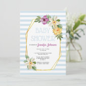 金ゴールドポリゴンと花フローラブルーベビーシャワー 招待状 (スタンド正面)