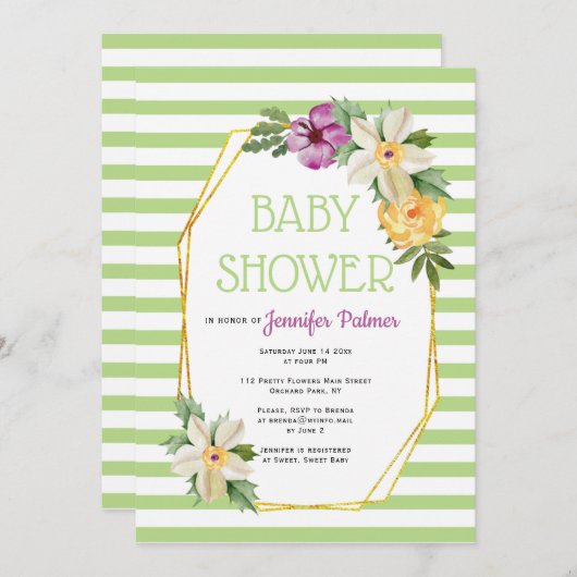 金ゴールドポリゴンと花フローラ緑の赤ちゃんシャワー 招待状 (正面/裏面)