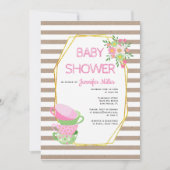 金ゴールドポリゴン素朴フローラ茶パーティー赤ちゃんシャワー 招待状 (正面)