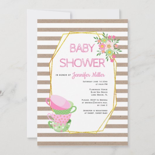 金ゴールドポリゴン素朴フローラ茶パーティー赤ちゃんシャワー 招待状 (正面)