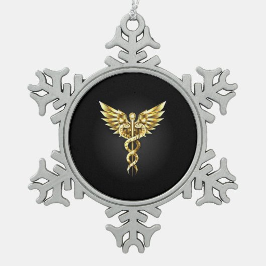 金ゴールドポリゴン記号のカドゥセウス スノーフレークピューターオーナメント (正面)