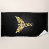 金ゴールドポリゴン記号のカドゥセウス ビーチタオル (正面)
