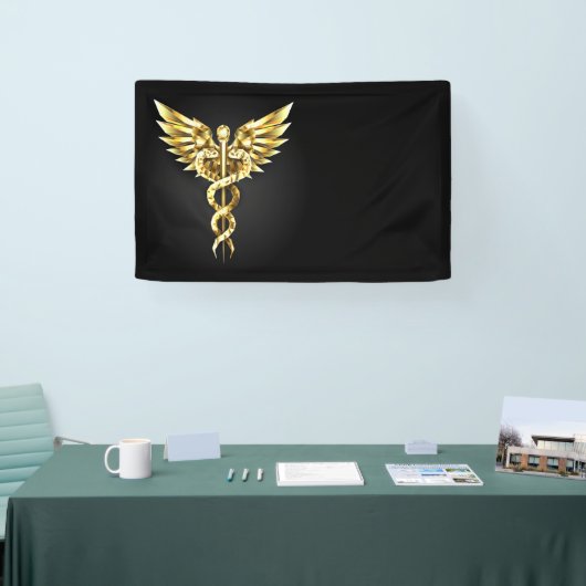 金ゴールドポリゴン記号のカドゥセウス 横断幕 (トレードショー)