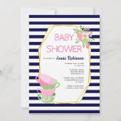 金ゴールドポリゴン、ティーカップネイビー青フローラベビーシャワー 招待状 (正面)