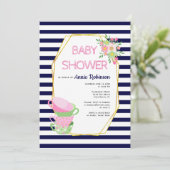 金ゴールドポリゴン、ティーカップネイビー青フローラベビーシャワー 招待状 (スタンド正面)