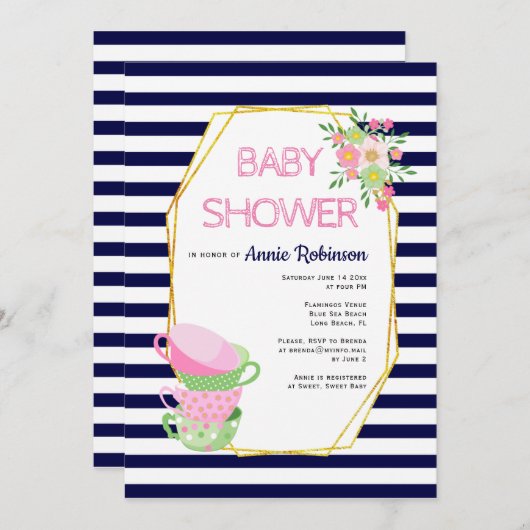 金ゴールドポリゴン、ティーカップネイビー青フローラベビーシャワー 招待状 (正面/裏面)
